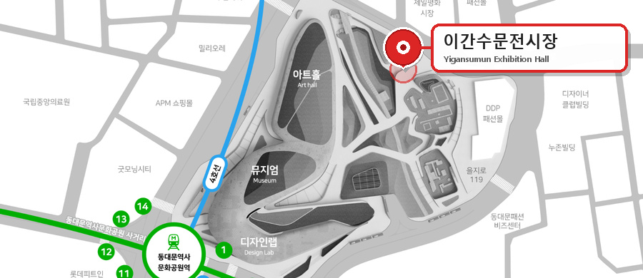 DDP 이간수문전시관 약도 — 동대문역사문화공원역 1번 출구 도보 3분